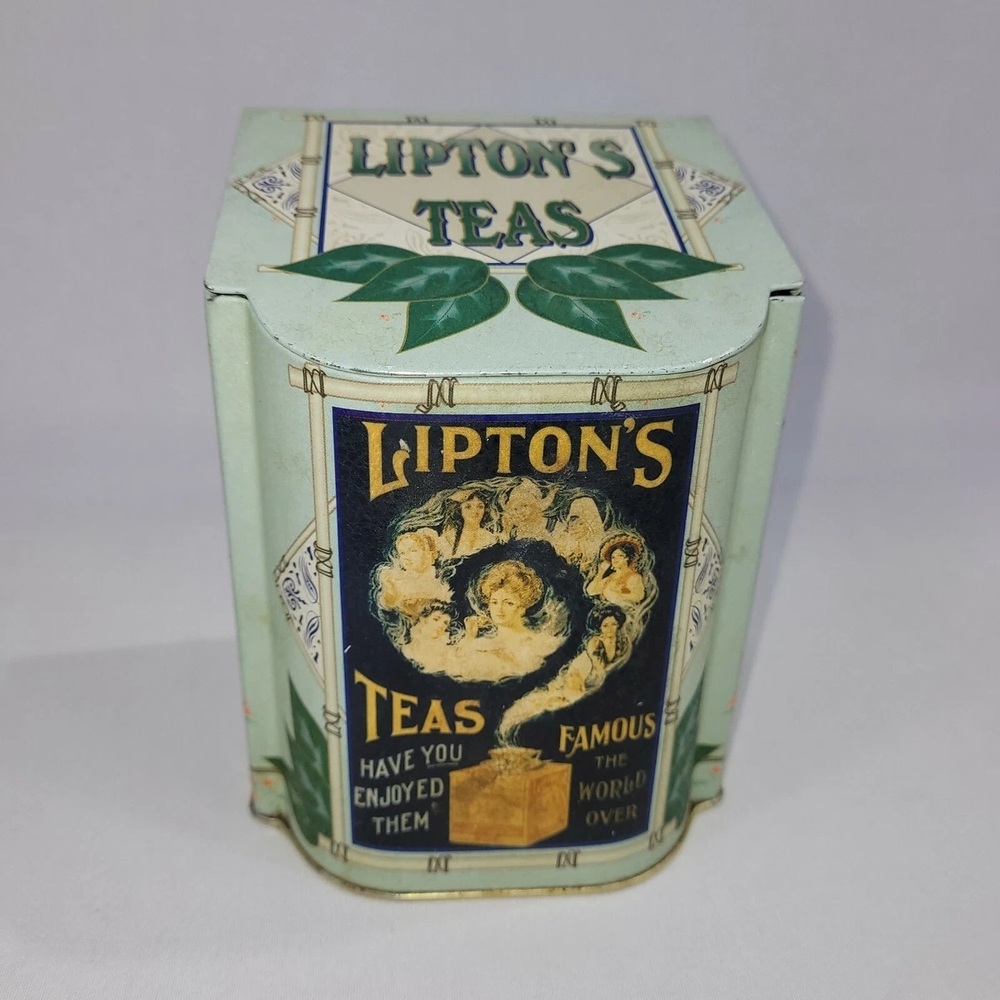 Lipton's Tea 5" Vintage Tin Canister Hinged Lid Green Metal Container Tea Bag